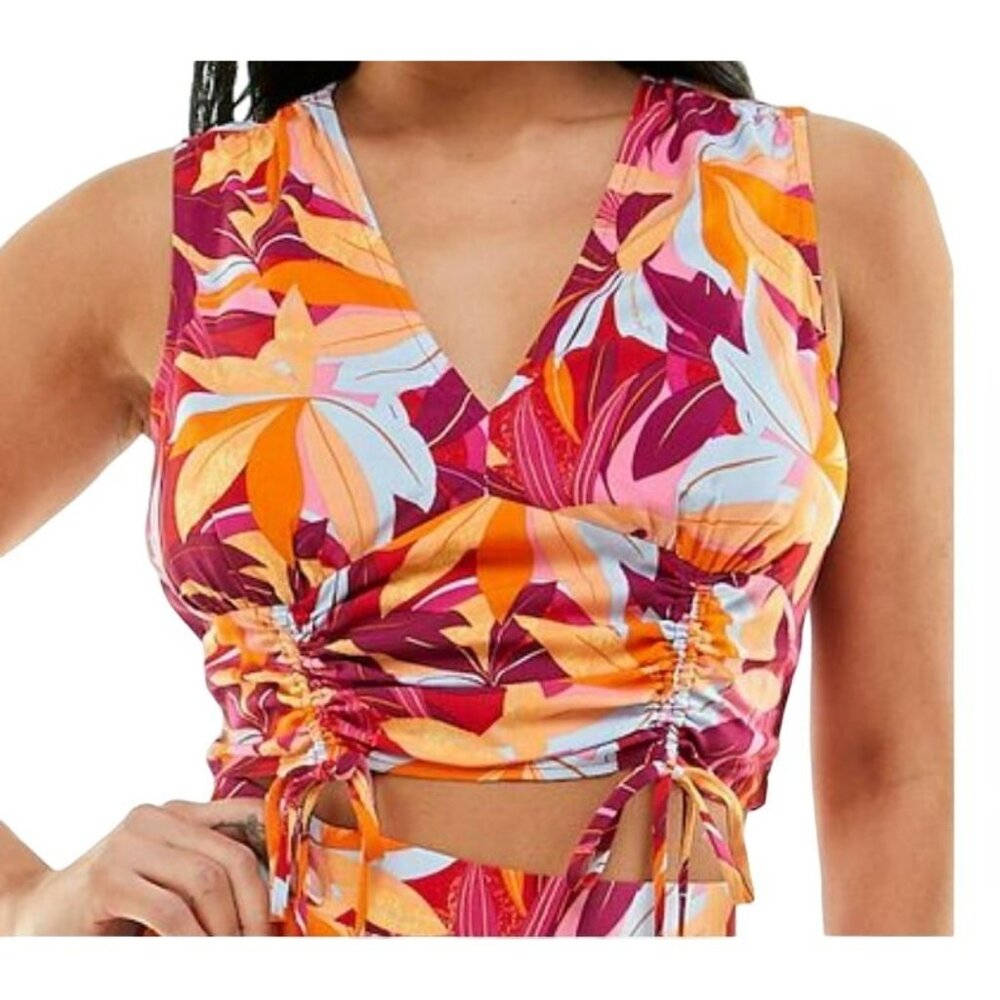 Floral Tropical Top String Tie Adjustable Orange Pink Juniors Size S JJ2051